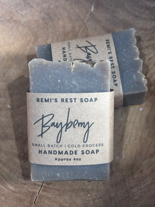 Bayberry Soap. A greenish colored homemade soap in a wooden bowl.
